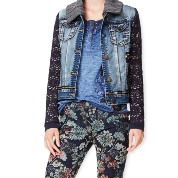 Desigual jean jacket with crochet knit overlay removable collar size 38 - Picture 12 of 16